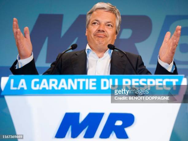 Mouvement Reformateur chairman Didier Reynders addresses the audience as he attends at the French-speaking liberal party MR elections meeting, on the...