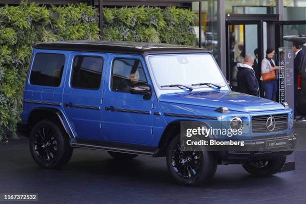 Mercedes-Benz G-Class off-roader sits on display outside the Daimler AG exhibition hall on day two of the IAA Frankfurt Motor Show in Frankfurt,...