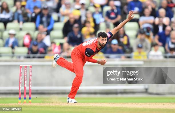 Saqib Mahmood of Lancashire Lightning runs into bowl during the Vitality Blast match between Birmingham Bears and Lancashire Lightning at Edgbaston...