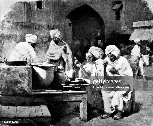 open air restaurant in lahore, pakistan - british raj era 19th century - punjabi culture stock illustrations