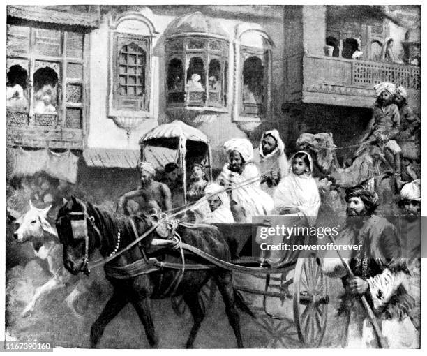 stockillustraties, clipart, cartoons en iconen met drukke straat in lahore, pakistan-britse raj tijdperk 19e eeuw - punjab pakistan