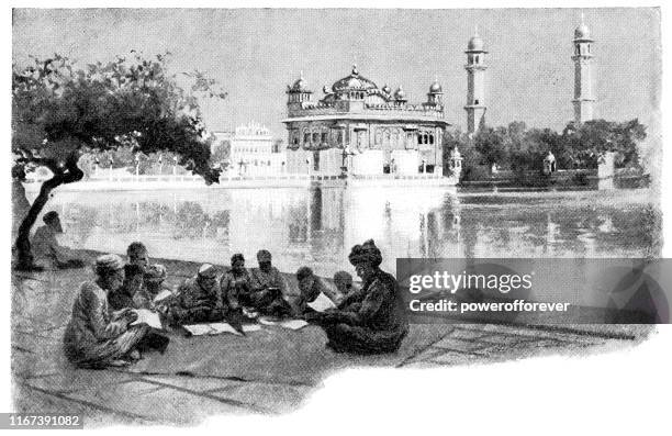 ilustraciones, imágenes clip art, dibujos animados e iconos de stock de grupo de estudiantes en el templo dorado harmandir sahib en amritsar, india - british raj era 19th century - punjab india