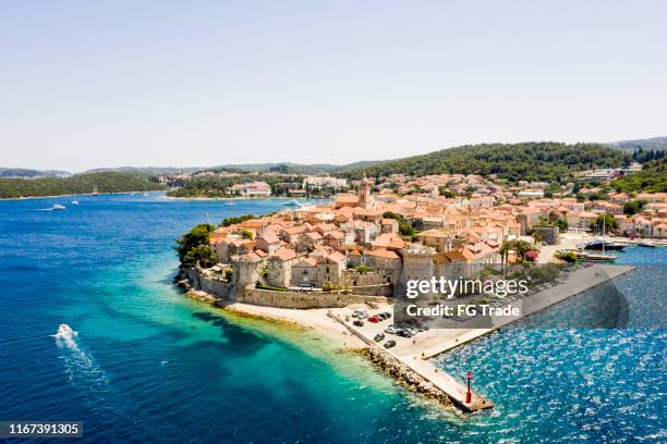 aerial view of korcula, croatia - korcula island stock pictures, royalty-free photos & images