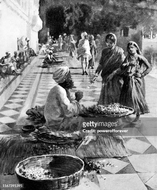 stockillustraties, clipart, cartoons en iconen met man verkoopt bloemen op harmandir sahib gouden tempel in amritsar, india-britse raj tijdperk 19e eeuw - punjab india