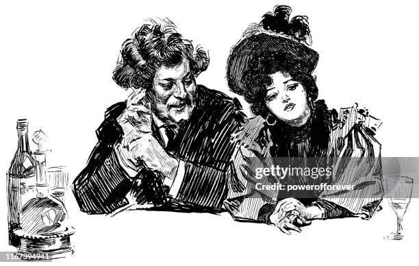 illustrations, cliparts, dessins animés et icônes de homme et femme s'asseyant à un bar à paris, france - 19ème siècle - homme femme bar