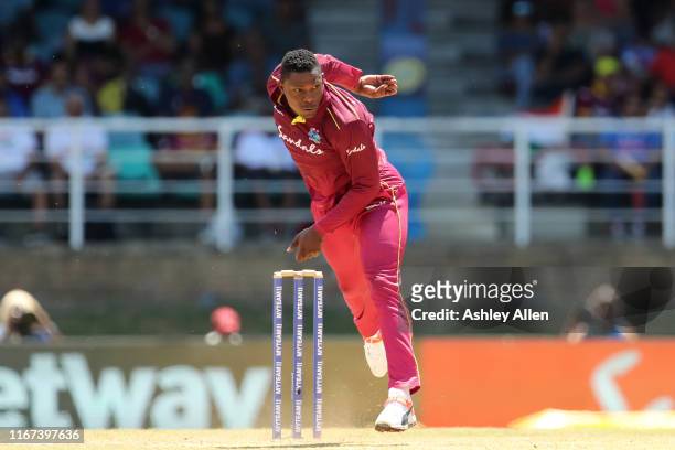 Sheldon Cottrell of West Indies bowls during the second MyTeam11 ODI between the West Indies and India at the Queen's Park Oval on August 11, 2019 in...