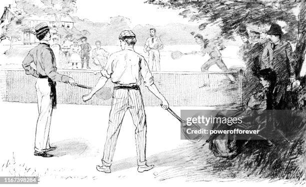 people playing tennis in norfolk, virginia, united states - 19th century - vintage tennis player stock illustrations