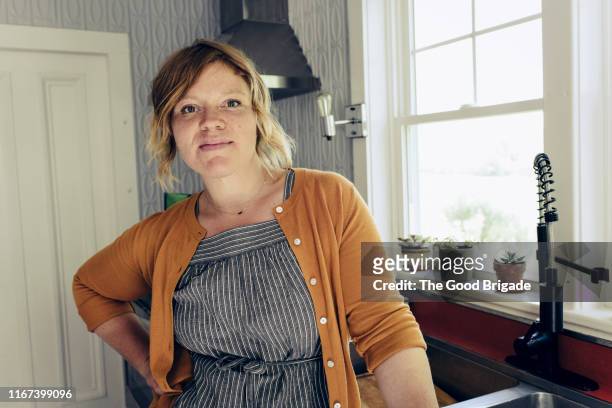 portrait of mid adult woman standing in kitchen - at home portrait fotografías e imágenes de stock