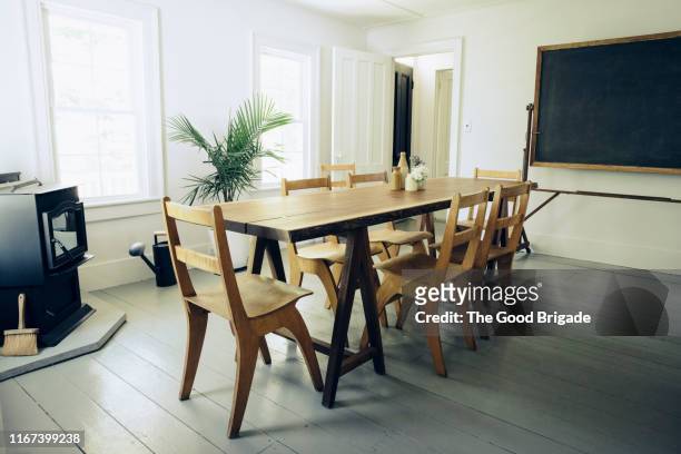 wooden dining table and chairs at home - dining table stock pictures, royalty-free photos & images
