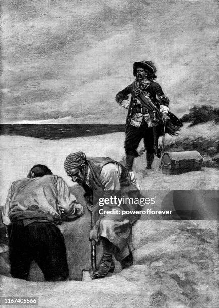 bildbanksillustrationer, clip art samt tecknat material och ikoner med kapten kidd och pirater begrava skatt på gardiner ' s island i new york, usa-17th century - skatt