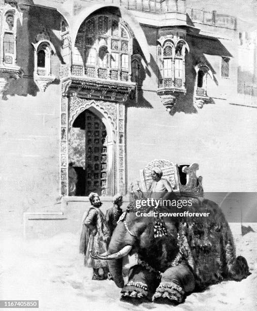 elephant and men at umaid bhagwan in jodhpur, india - british raj era 19th century - jodhpur stock illustrations