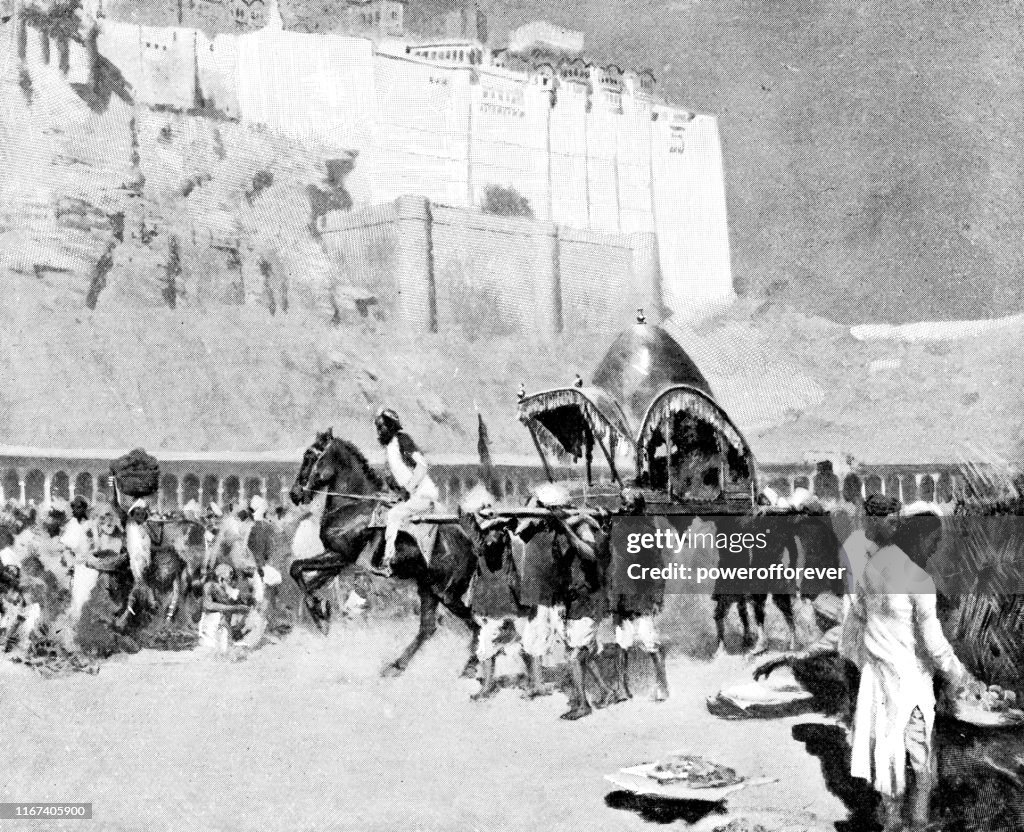 Crowded Market by Mehrangarh in Jodhpur, India - British Raj Era 19th Century