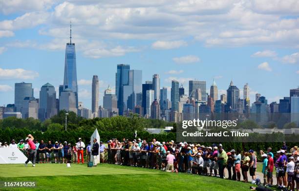 Jon Rahm of Spain plays his shot from the first tee during the final round of The Northern Trust at Liberty National Golf Club on August 11, 2019 in...