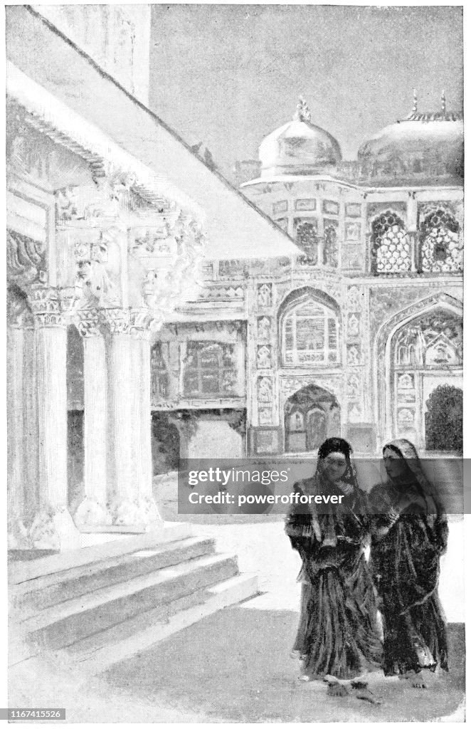 Mujeres en Amer Fort en Jaipur, India - British Raj Era 19th Century