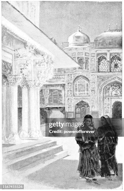 women at amer fort in jaipur, india - british raj era 19th century - amber fort stock illustrations