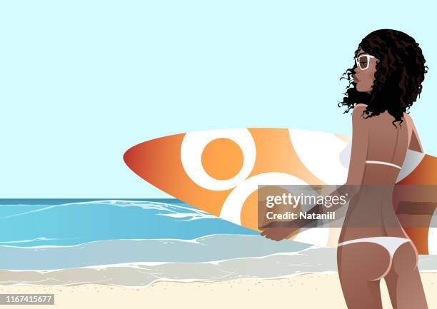 afro girl surfing - black people in bathing suits stock illustrations