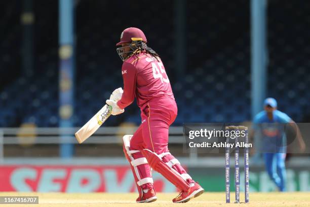 Chris Gayle of West Indies bats during the second MyTeam11 ODI between the West Indies and India at the Queen's Park Oval on August 11, 2019 in Port...