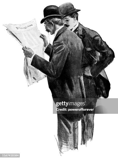 ilustrações de stock, clip art, desenhos animados e ícones de two men in victorian fashion reading a newspaper - 19th century - fotografia de três quartos