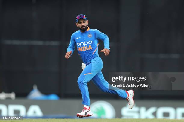 Virat Kohli of India in the field during the second MyTeam11 ODI between the West Indies and India at the Queen's Park Oval on August 11, 2019 in...