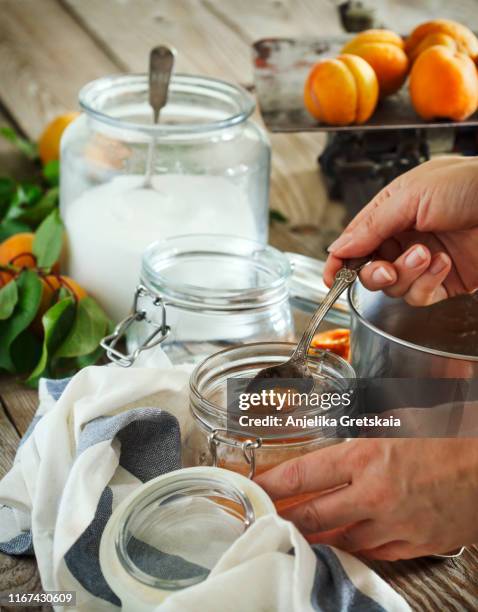 woman cooking apricot jam - aprikossylt bildbanksfoton och bilder