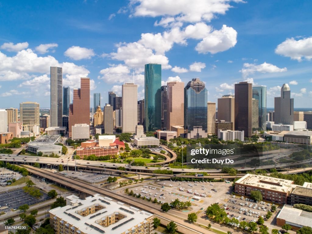 Panorama of aerial view of Downtown Houston, Texas, USA in a beautiful day.