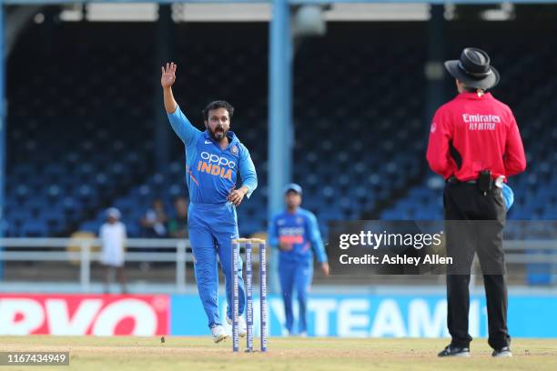 Kedar Jadhav of India appeals unsuccessfully during the second MyTeam11 ODI between the West Indies and India at the Queen's Park Oval on August 11,...