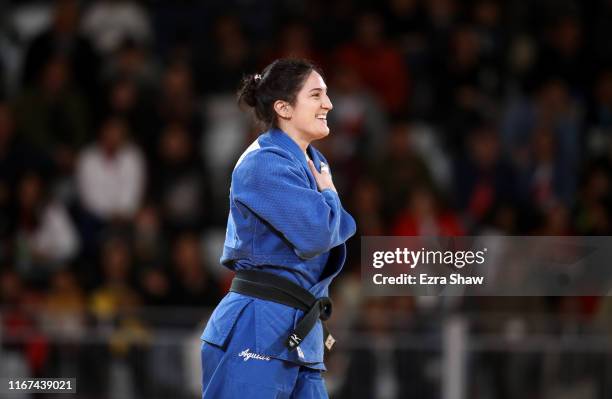 Mayra Aguiar of Brazil reacts after she defeated Kaliema Antomarchi of Cuba in their -78kg gold medal judo match on Day 16 of the Lima 2019 Pan...