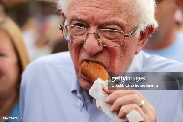 Democratic presidential candidate munches on a corn dog as he walks around the Iowa State Fair August 11, 2019 in Des Moines, Iowa. Twenty-two of the...