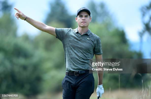 Kristoffer Ventura hits his tee shot on the third hole during the final round of the WinCo Foods Portland Open presented by KraftHeinz at Pumpkin...
