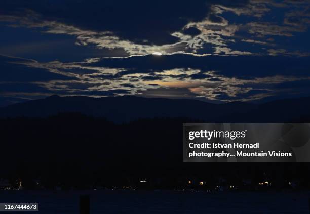 moon over lake whatcom - lake whatcom bildbanksfoton och bilder