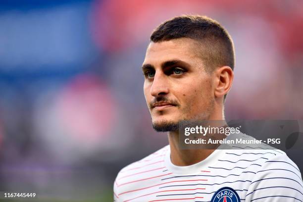 Marco Verratti of Paris Saint-Germain looks on during warmup before the Ligue 1 match between Paris Saint-Germain and Nimes Olympique at Parc des...