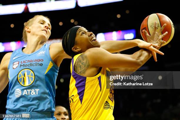Guard Tierra Ruffin-Pratt of the Los Angeles Sparks goes up for a shot as guard Allie Quigley of the Chicago Sky attempts to block during the second...