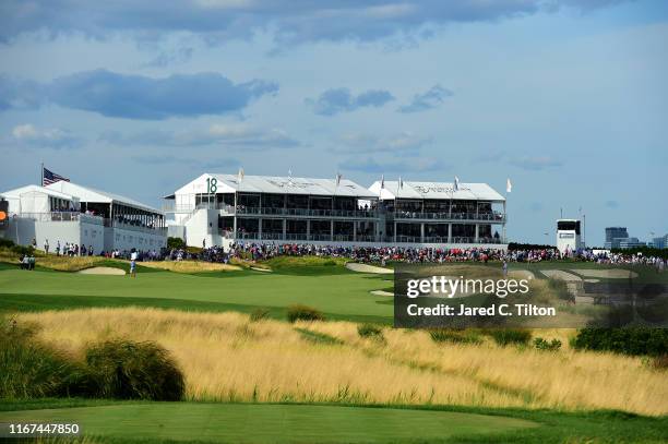 General view on the 18th hole during the final round of The Northern Trust at Liberty National Golf Club on August 11, 2019 in Jersey City, New...