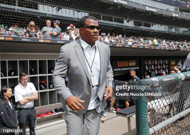 Executive Vice President of the White Sox Kenny Williams, is introduced during a ceremony honoring Harold Baines prior to the start of the game...