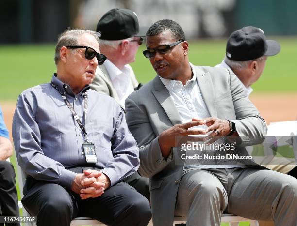Chicago White Sox White Sox Chairman Jerry Reinsdorf speaks with Executive Vice President Kenny Williams during a ceremony honoring Harold Baines...