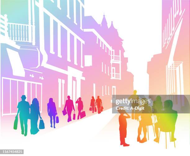 busy sidewalk cafe street rainbow - alley stock illustrations