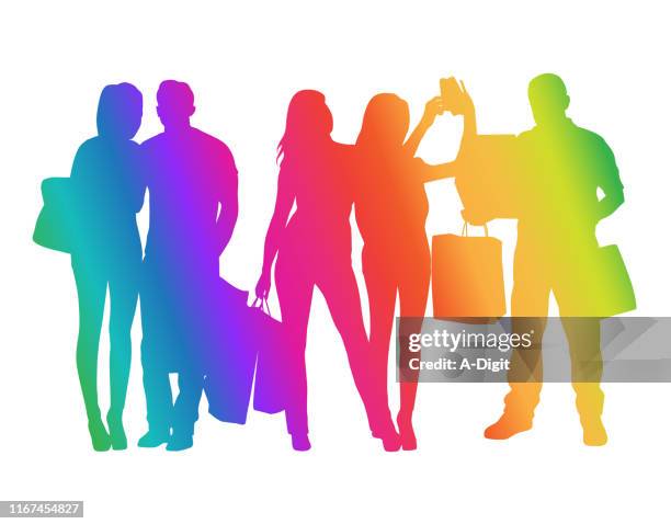 youth crowd with colored shopping bags rainbow - children taking selfie stock illustrations
