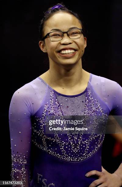 Morgan Hurd reacts during the Women's Senior competition of the 2019 U.S. Gymnastics Championships at the Sprint Center on August 11, 2019 in Kansas...