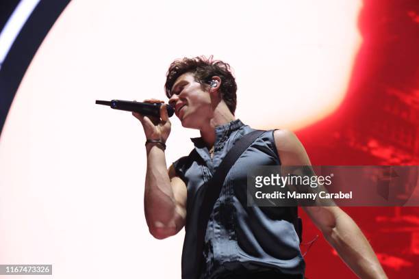 Shawn Mendes performs onstage at Prudential Center during the Shawn Mendes: The Tour on August 11, 2019 in Newark, New Jersey.