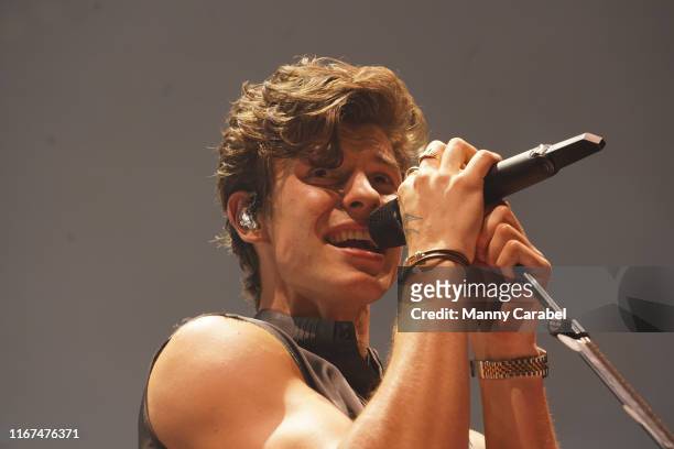Shawn Mendes performs onstage at Prudential Center during Shawn Mendes: The Tour on August 11, 2019 in Newark, New Jersey.