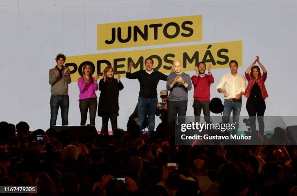 Horacio Rodriguez Larreta mayor of Buenos Aires City speaks after the results with Martin Lousteau national deputy, Diego Santilli Deputy Chief of...