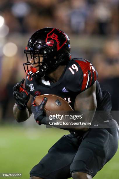 Louisville Cardinals running back Hassan Hall runs the football during the second quarter of the college football game between the Notre Dame...