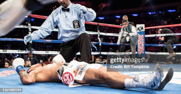 Raymundo Beltran defeats Jonathan Maicelo by KO in the 2nd round during their Lightweight fight at Madison Square Garden on May 20th, 2017 in New...
