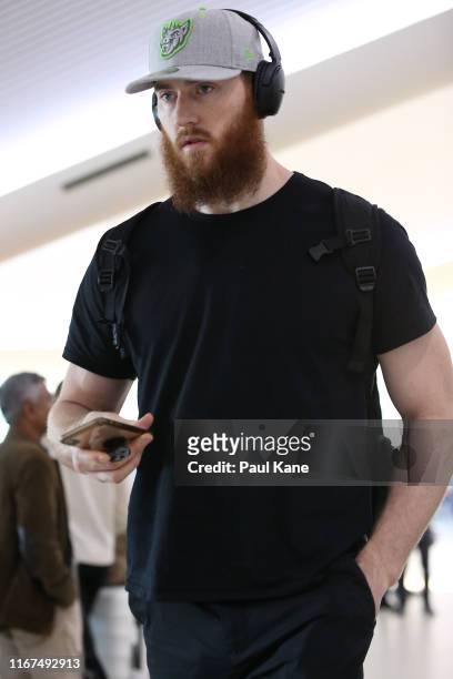 Aron Baynes of the Boomers arrives at Perth Airport on August 12, 2019 in Perth, Australia.