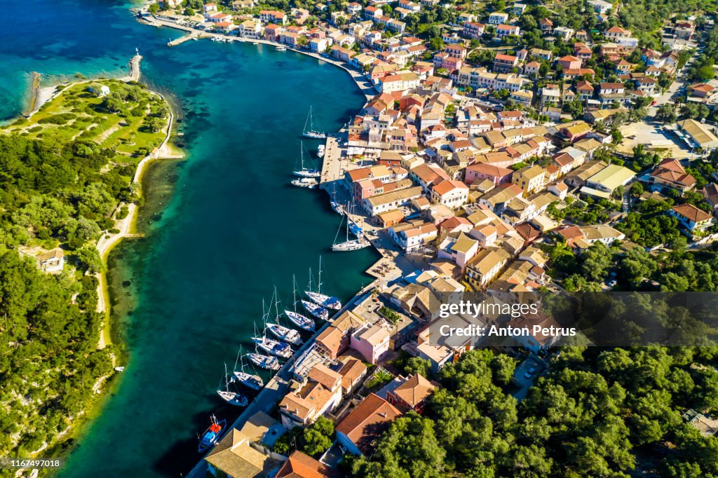 Gaios, capital city of Paxos Island, aerial view. Greece