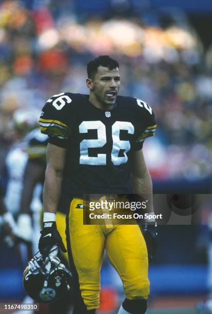 Rod Woodson of the Pittsburgh Steelers looks on during an NFL football game circa 1996 at Three Rivers Stadium in Pittsburgh, Pennsylvania. Woodson...