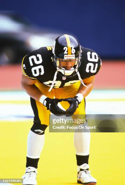 Rod Woodson of the Pittsburgh Steelers warms up during pregame warm ups prior to the start of an NFL football game circa 1996 at Three Rivers Stadium...