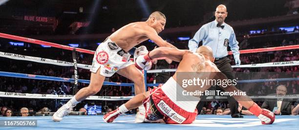 Raymundo Beltran defeats Jonathan Maicelo by KO in the 2nd round during their Lightweight fight at Madison Square Garden on May 20th, 2017 in New...