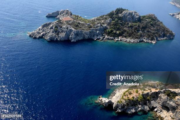 An aerial view of isles near the route where test drives take place in the shakedown lap within the World Rally Championship at Hisaronu...
