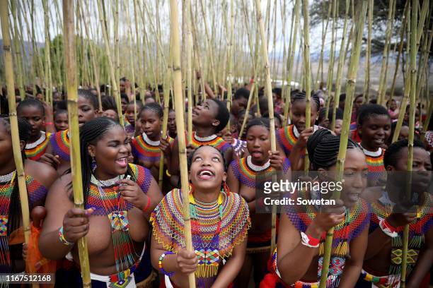 Zulu maidens gather during the annual Umkhosi Womhlanga at Enyokeni Royal Palace on September 07, 2019 in Nongoma, South Africa. The reed dance,...